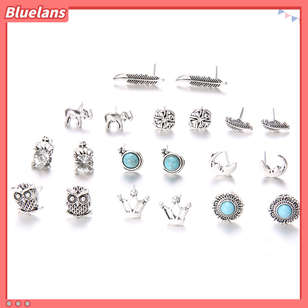 Bluelans 10 Pairs Women Rhinestone Crown Elephant Owl Leaf Ear Studs Earrings Jewelry