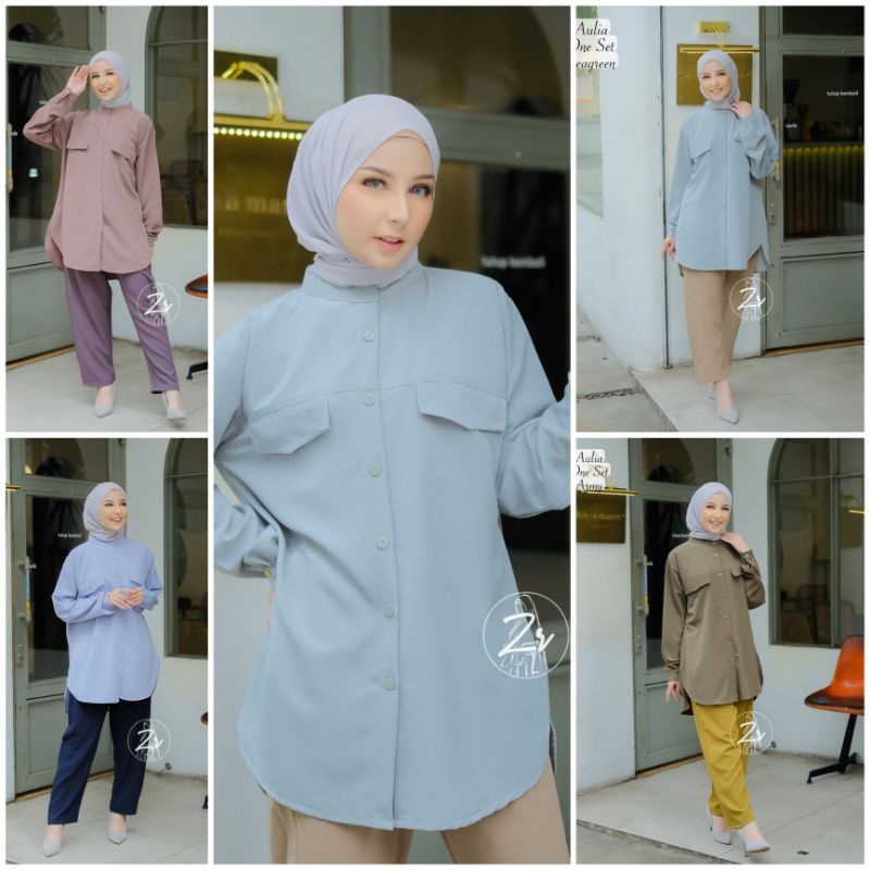 SETELAN KEMEJA / TUNIK KHANZA ALIZA ADINA by ZR original one set atasan celana busana muslim muslimah outfit terbaru crincle wanita busui