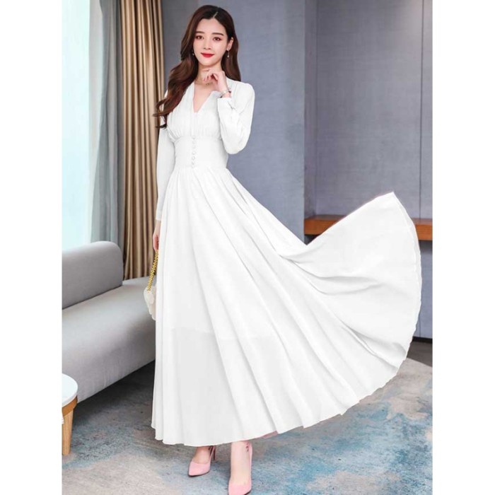 Long dress wanita putih sifon Korea lengan panjang elegant