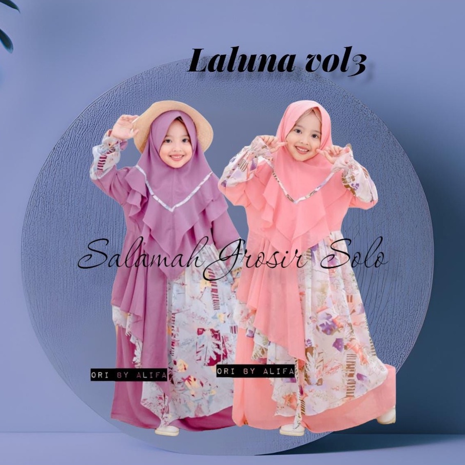 Gamis anak laluna KIDS | Terbaru viral | Bahan  ceruty printing mix armany | set plus jilbab | usia 
