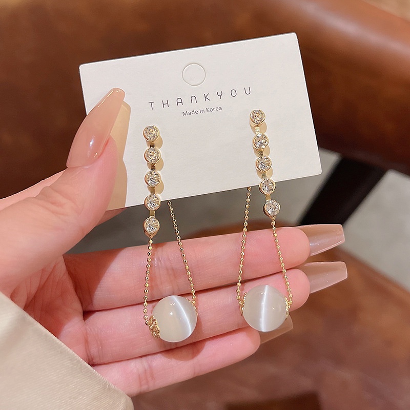 Anting Rumbai Panjang Bahan 925 silver needle Aksen Opal zircon Untuk Wanita