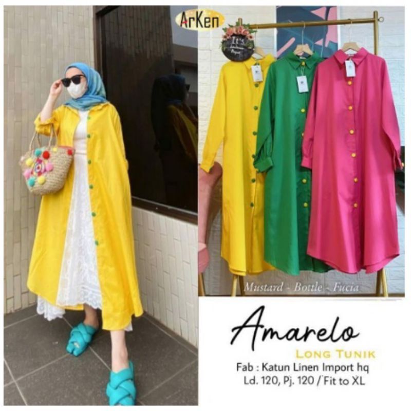 COD~Amarelo Long Tunik Wanita Jumbo Linen Premium/Tunik Long Jumbo Full Kancing Aktif Polos Katun Li