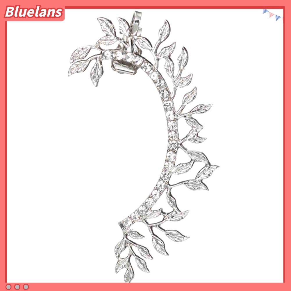 Bluelans 1Pc Vintage Leaf Curved Full Rhinestone Ear Cuff Women Clip On Earrings Jewelry