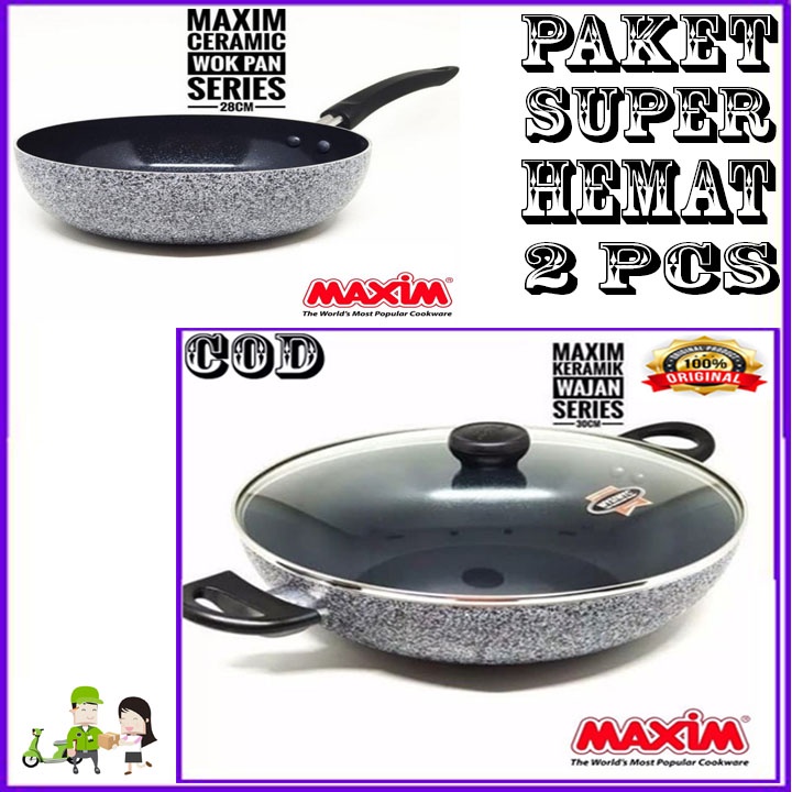 MAXIM CERAMIC WOK 30 CM TUTUP KACA ORI + 28CM DEEP WOK BERGARANSI RESMI