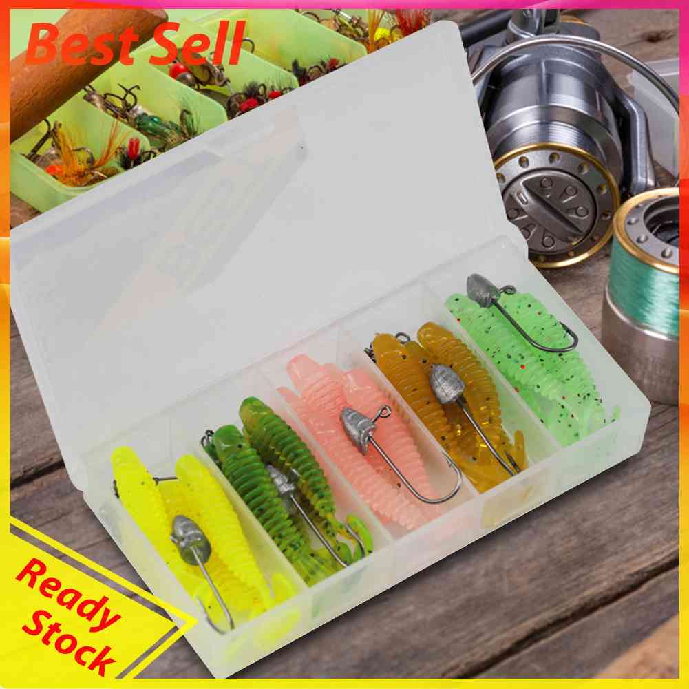 1 Set Umpan Pancing Jig Head Lembut Buatan Dengan Kotak Penyimpanan 5 Sekat Pesca