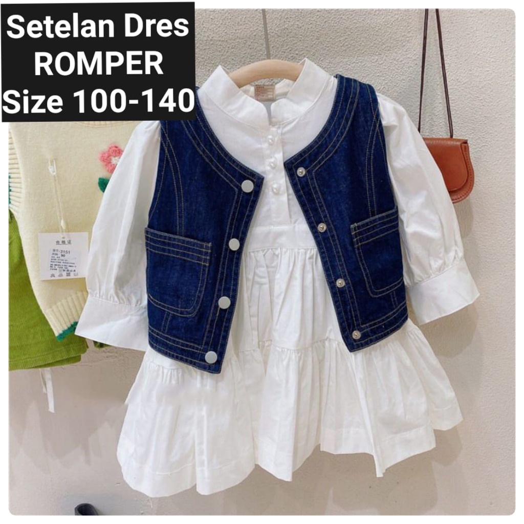 (LOLI-JKT) BD-332 DRESS ANAK WHITE + ROMPI JEANS SIZE  100-140