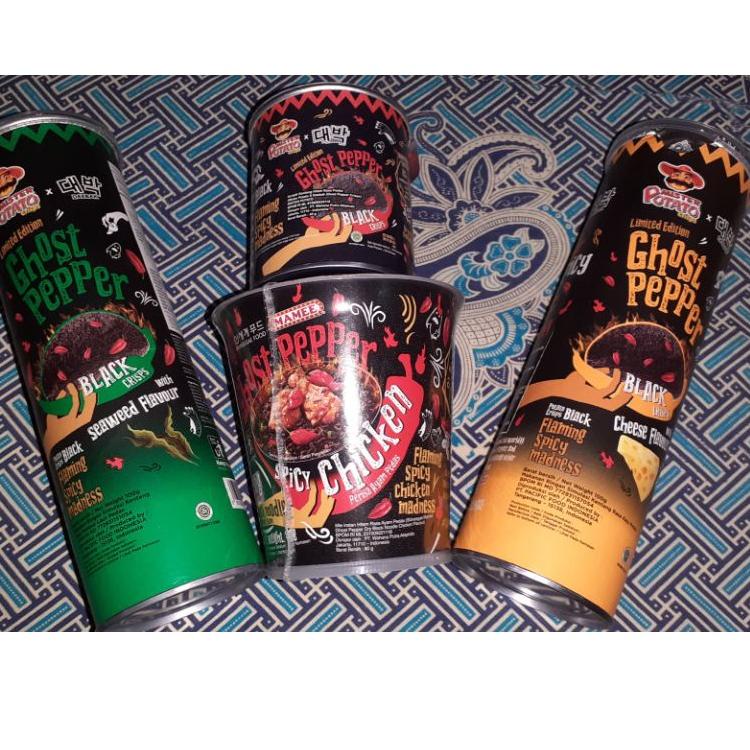 

IdFf4F9--Ghost Pepper Complete (Spicy Chicken Noodle & Mister Potato Black Chip 45gr/100gr)