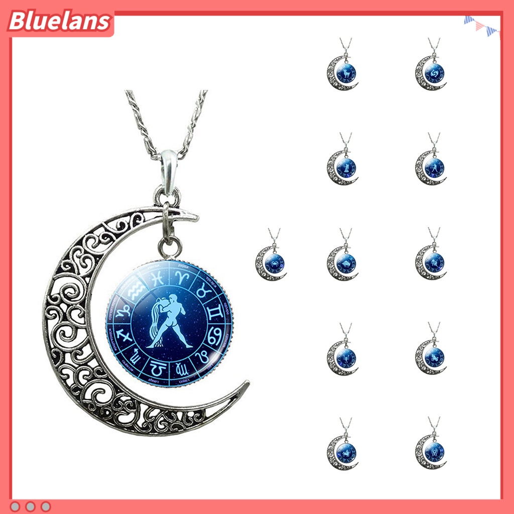 Bluelans Unisex Faux Gem 12 Constellations Hollow Crescent Moon Chain Necklace Jewelry Gift