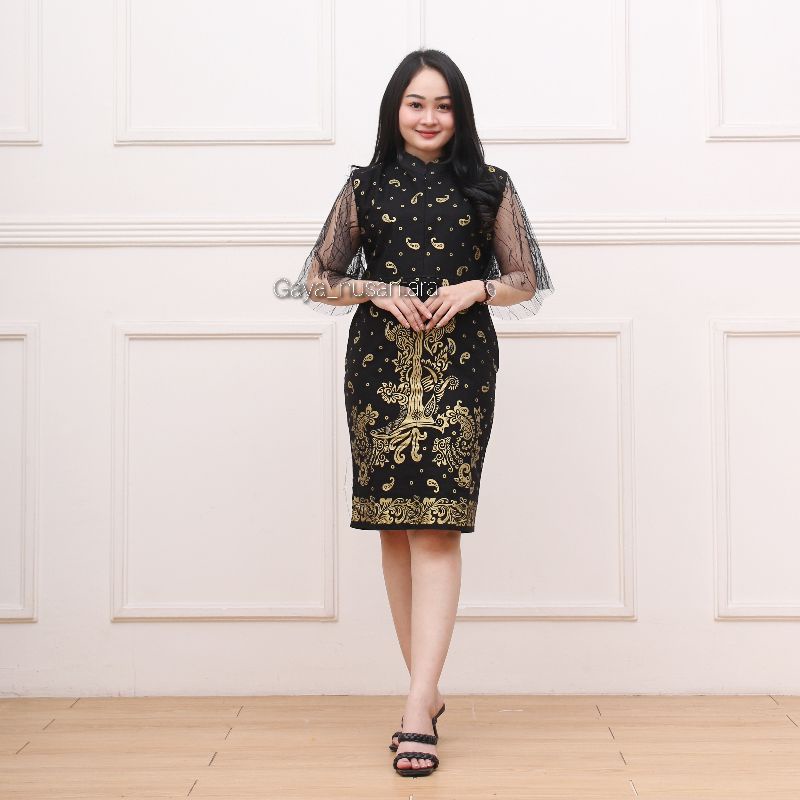 dress batik prada emas keris - dress batik premium - dress batik modern - dress kekinian
