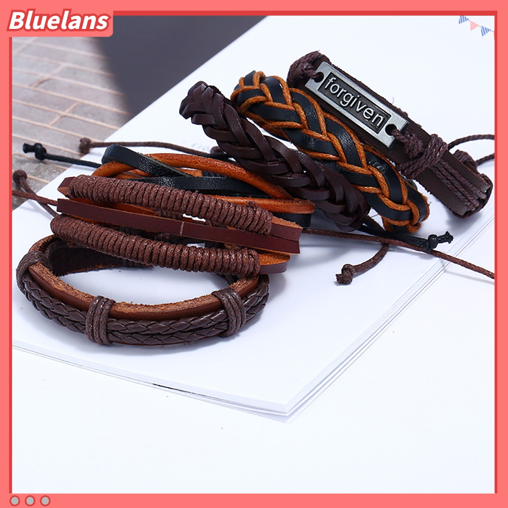 6pcs / Set Gelang Multilayer Bahan Kulit Imitasi Handmade Gaya Vintage Punk Untuk Pria