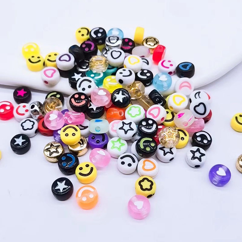 100pcs Manikmanik Akrilik Bentuk Bintanghati Motif Smiley Face Warnawarni Ukuran 6mm