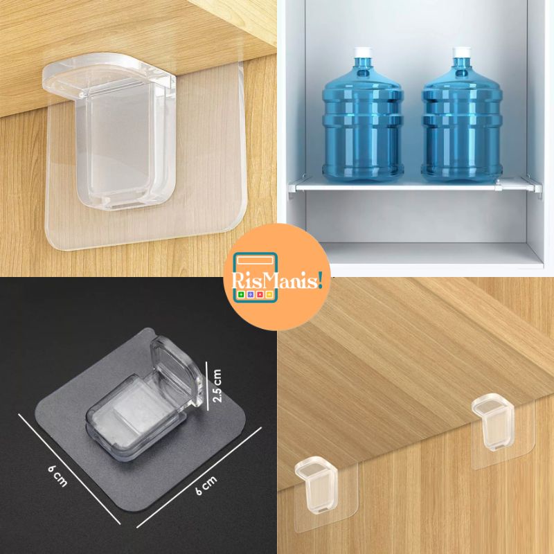 TRANSPARENT SHELF HOLDER - 1 pcs Gantungan Penopang Siku Ambalan Pengait Hanger Tempel Kuat Hook Akrilik Bening Kokoh Penyangga Sekat Laci Lemari
