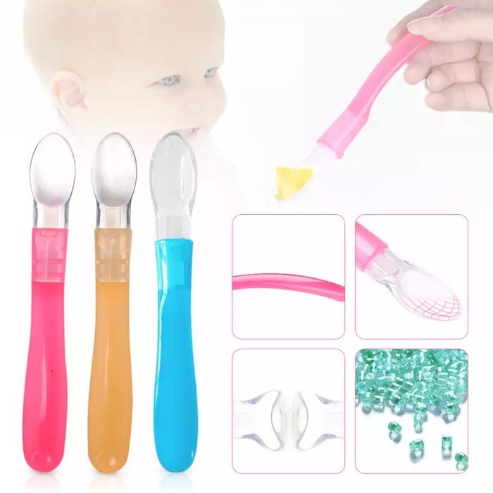 Sendok Makan Bayi Lentur Sensor Panas – AC 61 – Alat Peralatan Makan Untuk MPASI Bahan Silikon / Silicone / Silicon BPA Free – Perlengkapan Tempat Alat Makan Set dengan sensor suhu makanan untuk merawat Kesehatan gigi dan mulut Bayi dan Anak