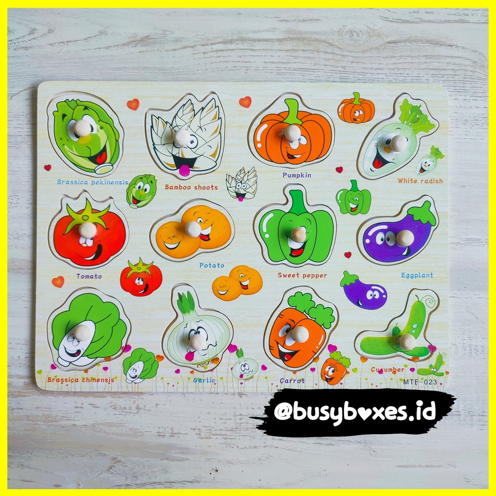 Busyboxes.id Mainan anak edukasi anak 1 2 3 tahun laki laki perempuan mainan edukasi Montessori puzzle jigsaw 3d kayu sayuran sayur mayur buah - bombay