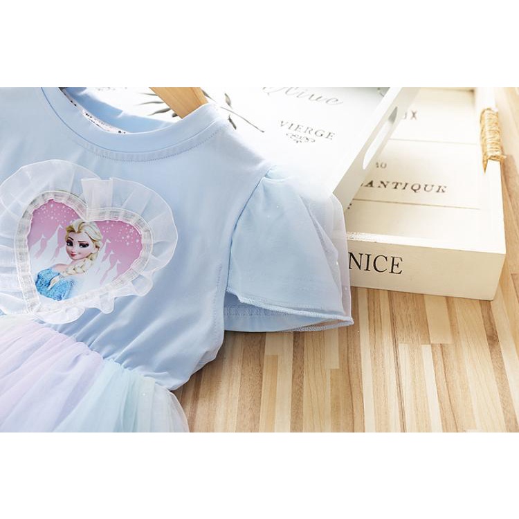 Anak Perempuan Frozen Elsa Dicetak Tulle Princess Dress Anak Lengan Panjang Elsa Gaun Pesta