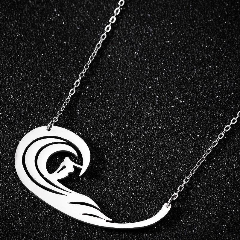 Kalung Rantai Liontin Gelombang Surfing Bahan Stainless Steel Gaya Eropa Amerika Untuk Pria Dan Wanita