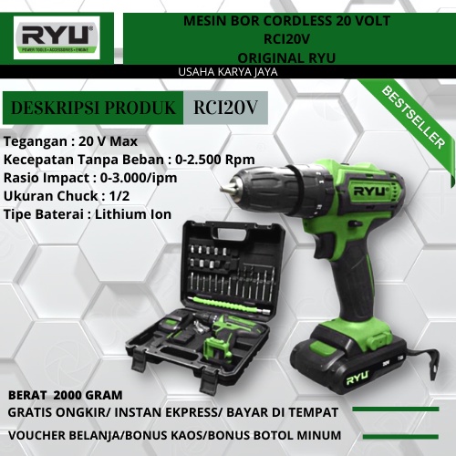 Mesin Bor Baterai Cordless Impact Drill RCI 20 Volt RYU Original Terbaru Mesin Cordless Impact Drill