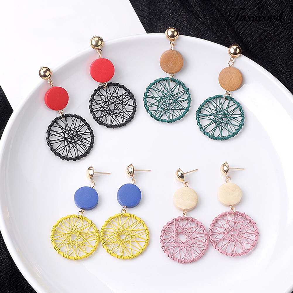 Anting Stud Bentuk Bulat Bahan Kayu Gaya Vintage Untuk Wanita