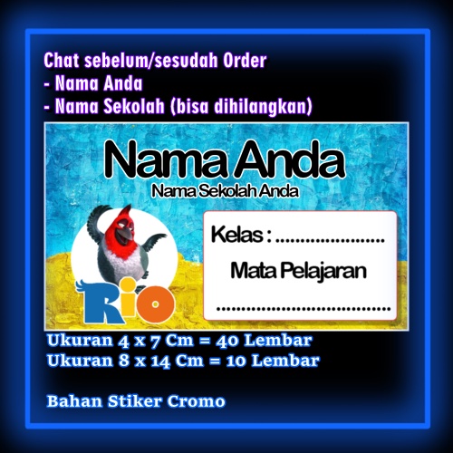 

Stiker Label Buku Rio Burung Biru Kartun Anime Lucu Karakter Lucu Custom Lebel Nama cromo murah 20 Varian berbeda Sticker Pelajaran Mapel buku anak sekolah Vol 8