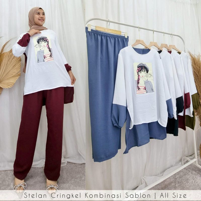 SALWA SET/FREE BROSS/SETELAN CRINKLE SABLON/SETELAN VIRAL/STELAN CRINKLE AIRFLO LD 110CM