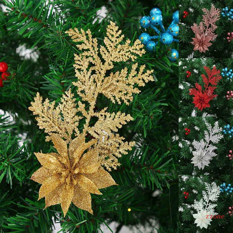 Ornamen Cabang Bunga Poinsettia Daun Pinus Buatan Aksen Glitter Untuk Pohon Natal