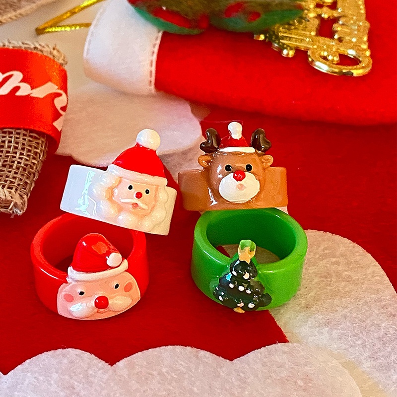 Cincin Desain Kartun Hewan Rusa Santa Claus Pohon Natal Bahan Resin Akrilik Untuk Wanita