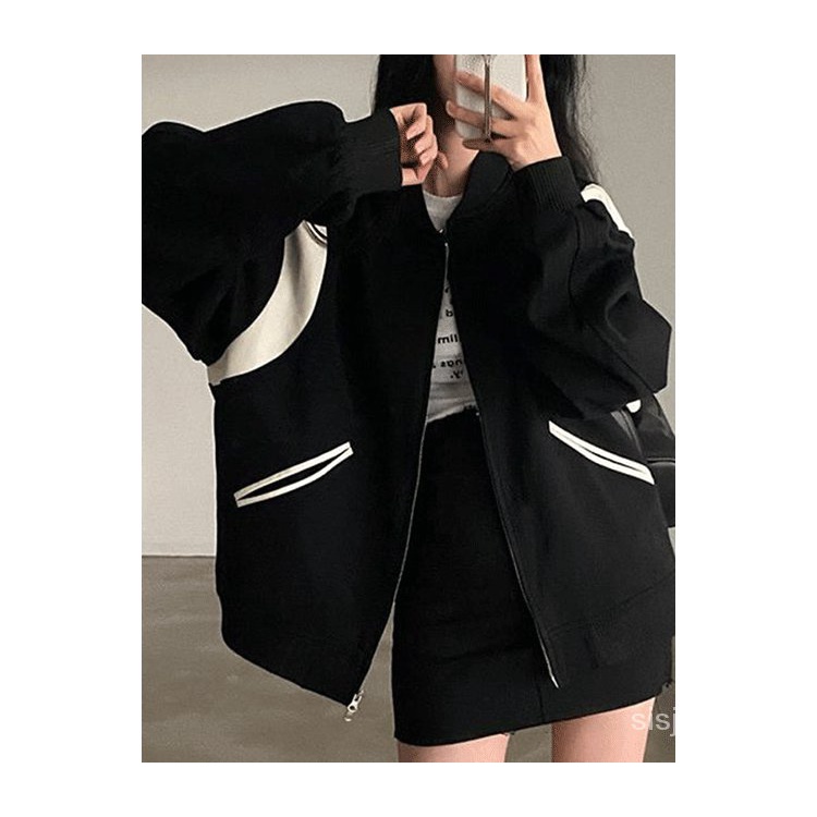 #Sisjuly# Wanita vintage serbaguna serbaguna kerah leher bulat kerah splicing setelan bisbol longgar