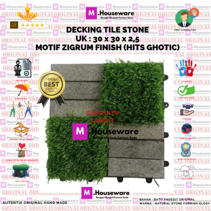 Lantai Batu Andesit Motif ZIGRUM BATU Zigzag Mix Rumput / Decking Tile Portable Stone batu alam