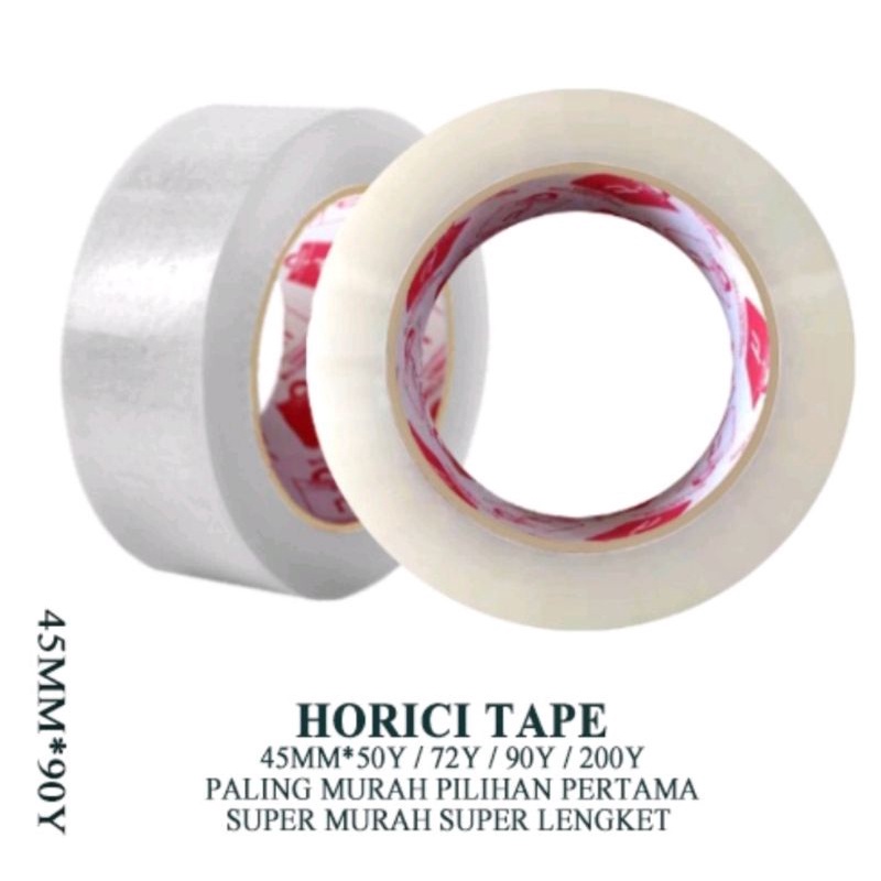 

HV Isolasi bening MEREK HORICI ASLI MURAH SUPER CLPER 45mmx90Y LAKBAN BENING DAN COKLAT HORICI