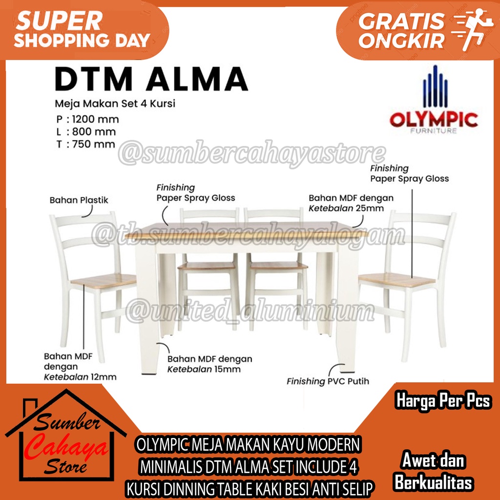 OLYMPIC MEJA MAKAN KAYU MODERN MINIMALIS DTM ALMA SET INCLUDE 4 KURSI DINNING TABLE KAKI BESI ANTI S