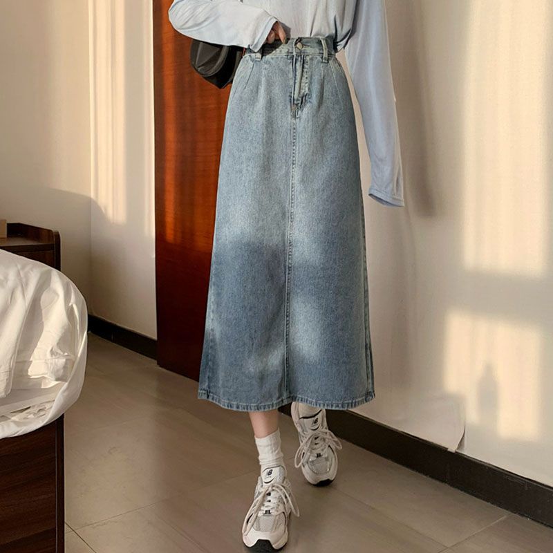 Korean style rok denim/biru muda mid length skirt/skirt pakaian wanita