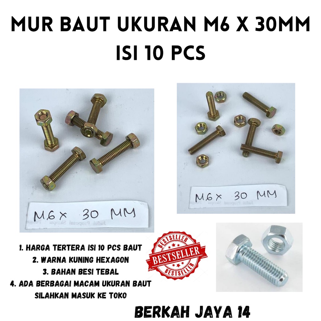 BAUT M6X30 MM ISI 10 PCS WARNA KUNING HEXAGON HEX BMK MUR BAHAN BESI TEBAL HARGA MURAH BERKUALITAS PROMO DISKON TERLARIS