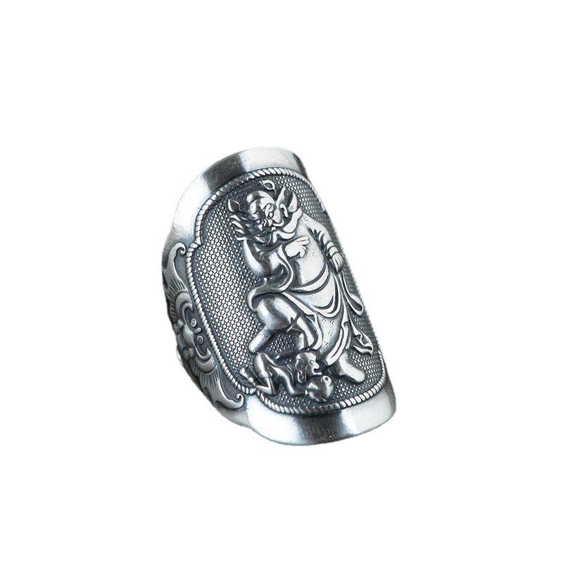 Cincin Desain Figur Zhong Kui Catch Ghost Gaya Retro Etnik China Untuk Pria