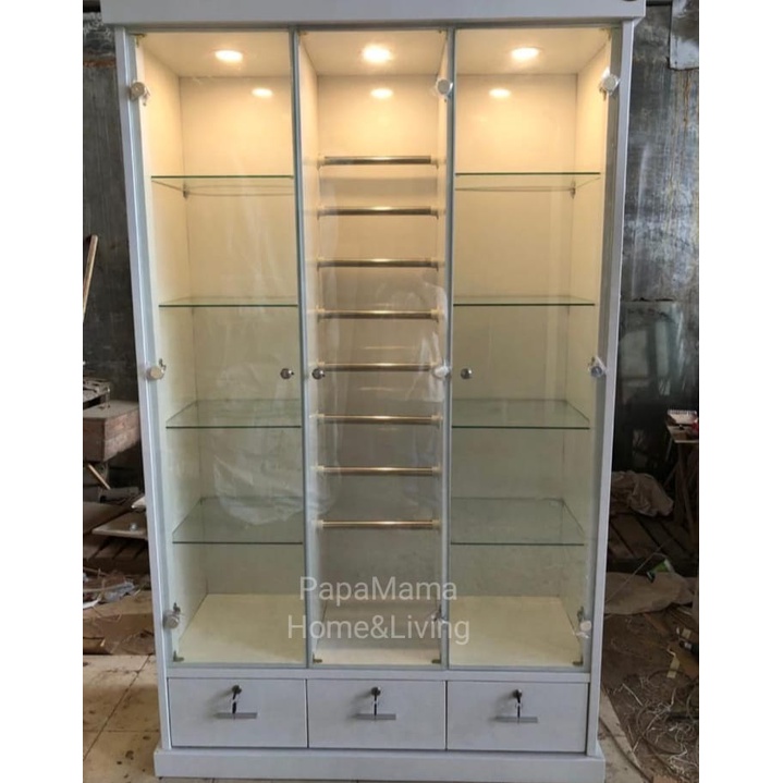 Rak Hijab Kayu HPL Tinggi 200cm - Lemari Hias Tas & Hijab - Buffet Kaca - Rak Jilbab - Lemari Tempah