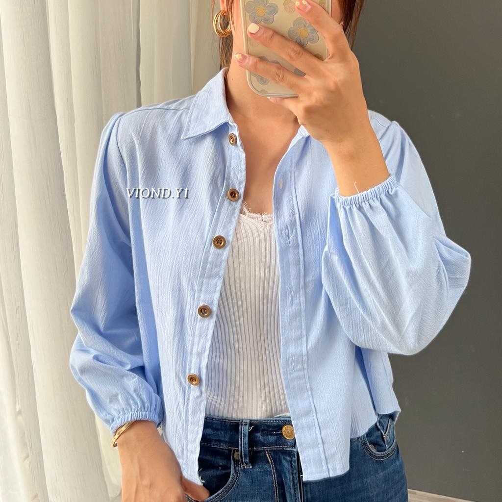 Atasan Wanita Korea Crop / Kemeja Linen Polos / Shirt Lengan Panjang / Blouse Longshirt E09