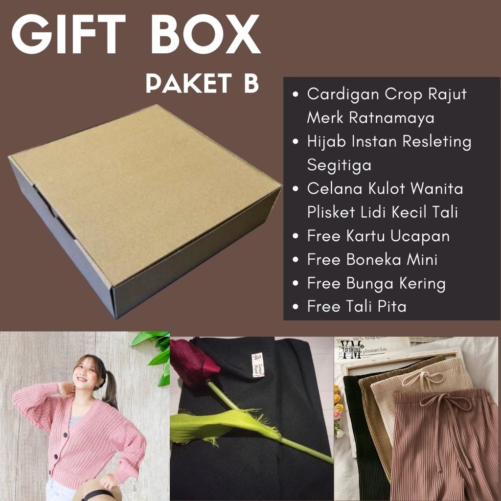 

HAMPERS HADIAH KADO/GIFT BOX CEWEK ULANG TAHUN, WISUDA, PERNIKAHAN, LEBARAN PAKET B OUTERWEAR WANITA CARDIGAN CROP BAHAN RAJUT, CELANA KULOT WANITA PLISKET LIDI KECIL TALI, HIJAB INSTAN RESLETING SEGITIGA