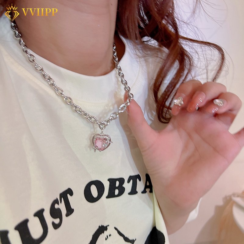 Kalung Rantai Choker Liontin Bintang Hati Aksen Kristal Warna Pink Untuk Wanita