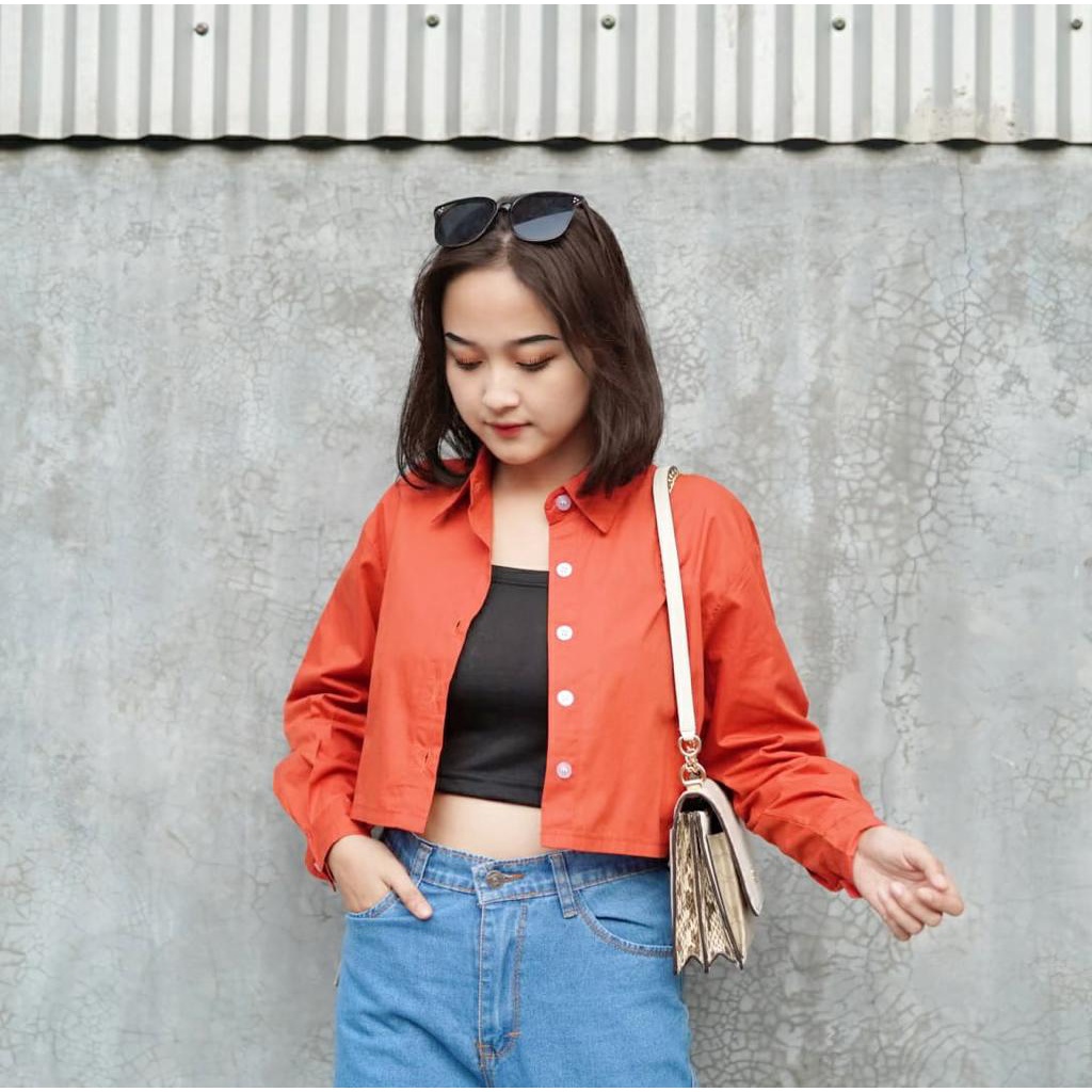 Tq88indonesia Fashion Kemeja Crop Wanita Terbaru /  JOLBI POPLIN COTTON CROP SHIRT / Hem / Kem Polos Lengan Panjang /  Busana Casual Cewek / Ootd Kekinian