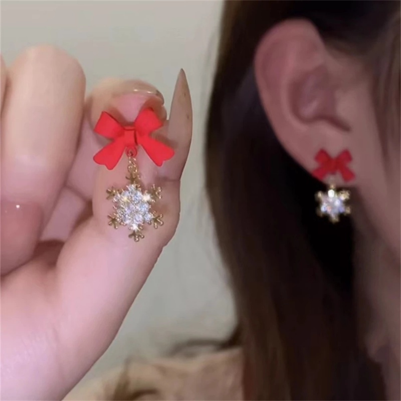 Anting Stud Desain Pita Aksen Kristal Zircon Warna Hitam Merah Gaya Korea Untuk Wanita