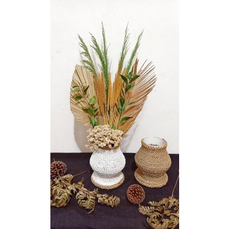 paket lengkap bunga kering + Vas | hiasan meja aesthetic | dau palem kering.