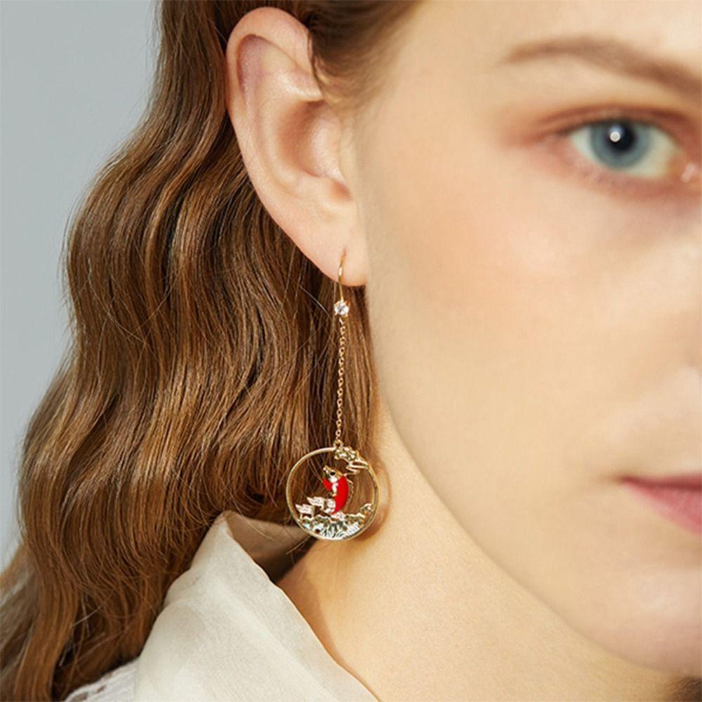 Mxbeauty Anting Imlek Fashion Drop Earrings Mutiara Emas Berlian Perhiasan Tahun Baru Perhiasan Gaya Cina Anting Koi Merah