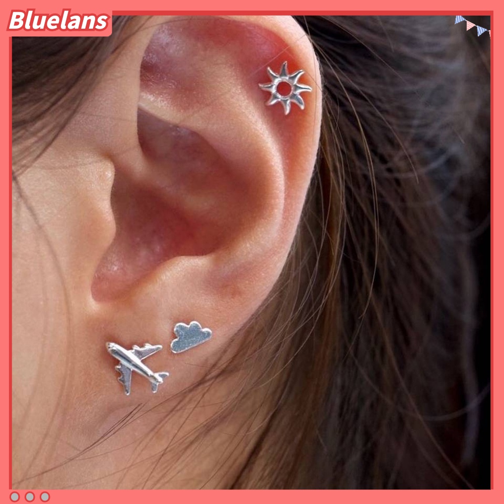 Bluelans 3Pcs Anting Tusuk Wanita Desain Pesawat / Awan / Matahari Untuk Pesta / Hadiah