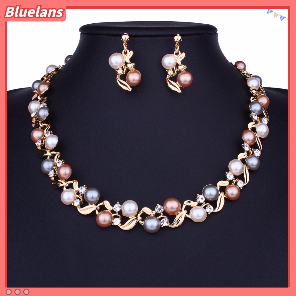 Bluelans Elegant Women Faux Pearl Rhinestone Necklace Ear Stud Earrings Party Jewelry Set