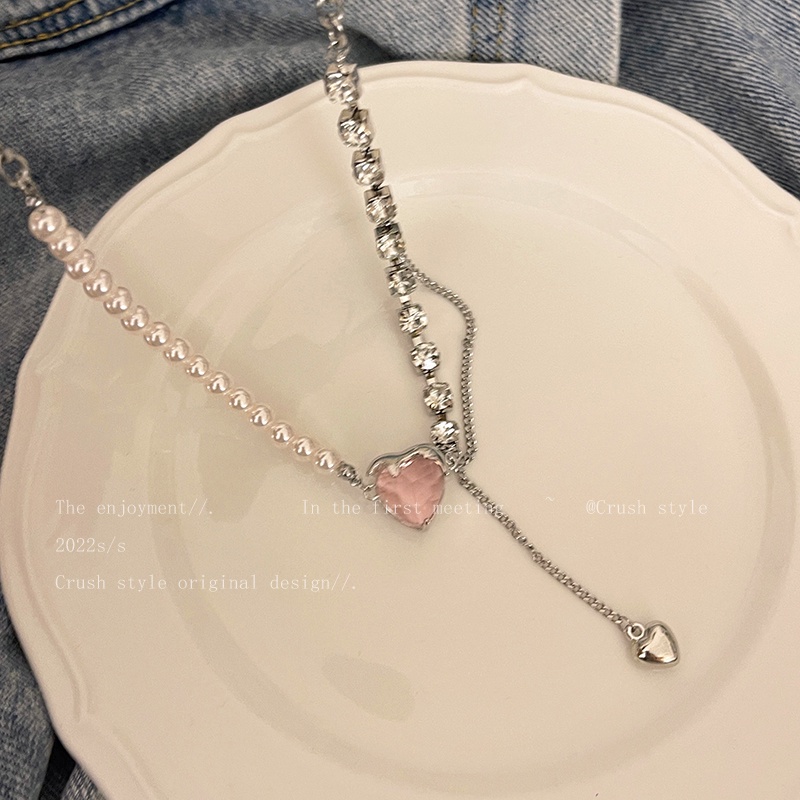 AY(CN) Kalung Rantai Choker Liontin Hati Aksen Mutiara Warna Pink Untuk Wanita