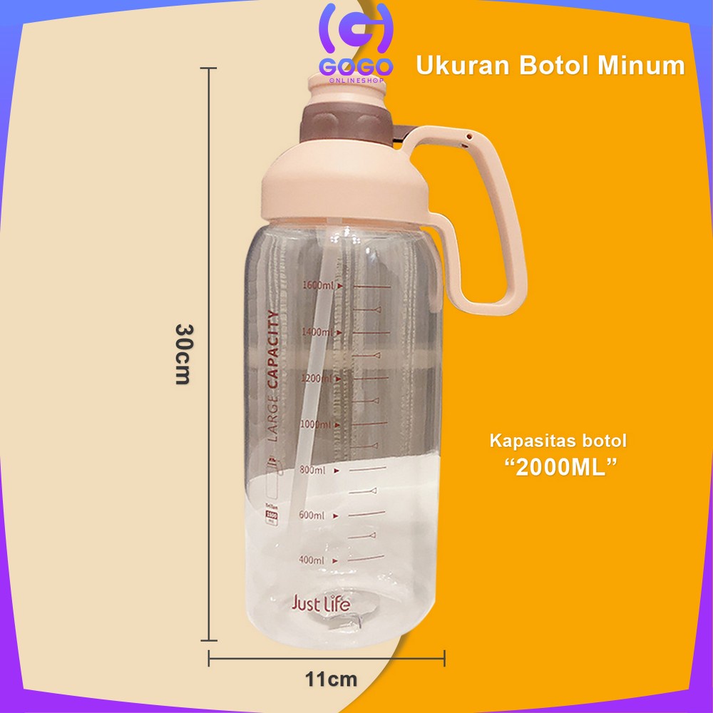 GOGO-C304 C305 Botol Minum Motivasi 2 Liter Food Grade / Botol Air Minum Jumbo 2000ml BPA FREE / Botol Minum Sedotan Dewasa