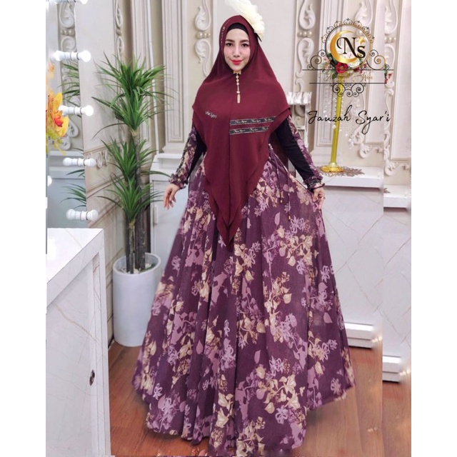 jauzah syari motif bunga busui gamis set khimar original nais syari