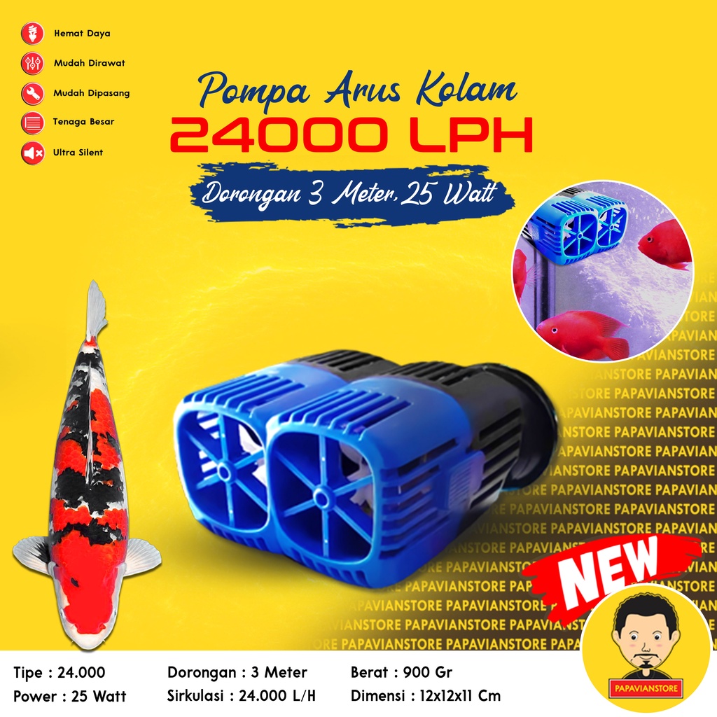 Pompa Mesin Arus Wave Maker Pencipta Ombak Air Kolam Ikan Hias Koi Aquarium Tank Predator Submersible Water Pump Celup Rendam - 24000 LPH Liter Per Jam Semburan 3 Meter Low 25 Watt Rendah Daya Dorong 3 Meter