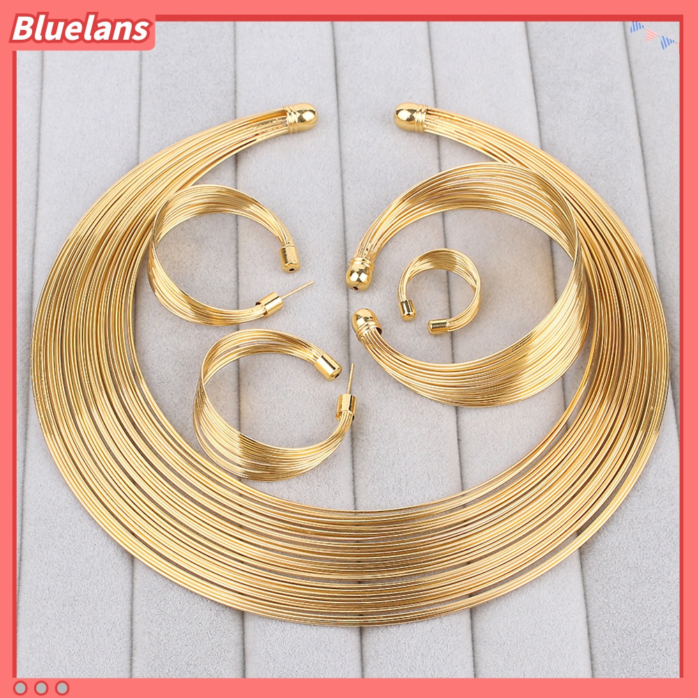 Bluelans 4 Pcs / Set Perhiasan Kalung Anting Gelang Cincin Bentuk Lingkaran Gaya Nigeria Untuk Pengantin