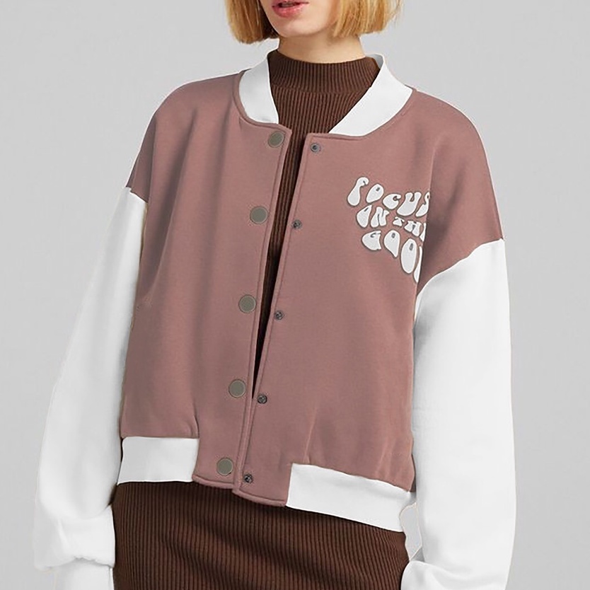 Jaket Baseball Crop Wanita - Focus On The Good - Sweater Baseball - Sablon - Bahan Fleece - Allsize