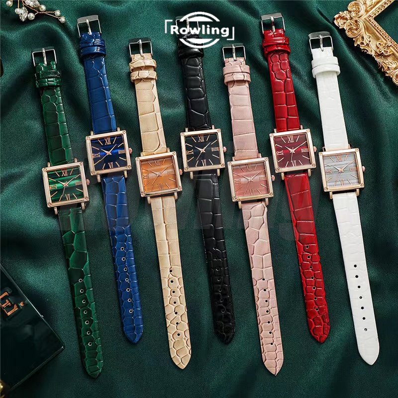 Rowling (Jam-60) Jam Tangan Wanita Kotak  Jam Tangan Wanita Quartz dengan Strap kulit Sintetis Import TANPA ACCESORIS